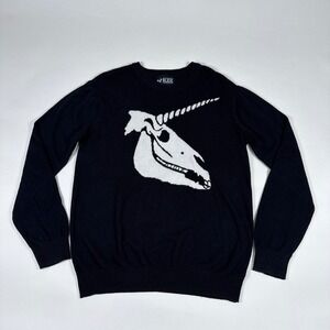 Rude Sweater Mens Large Black Unicorn Skull Graphic Knit Goth Emo Punk